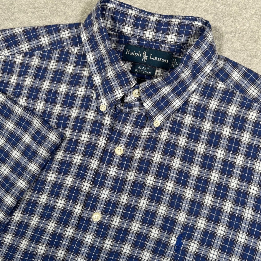 Ralph Lauren Blake Button Up Mens Large Blue‎ White Plaid Short Sleeve